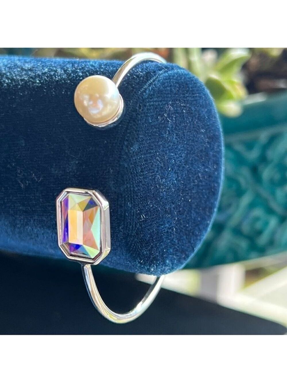 Prism Open Cuff Pearl Crystal 925 Silver Bracelet